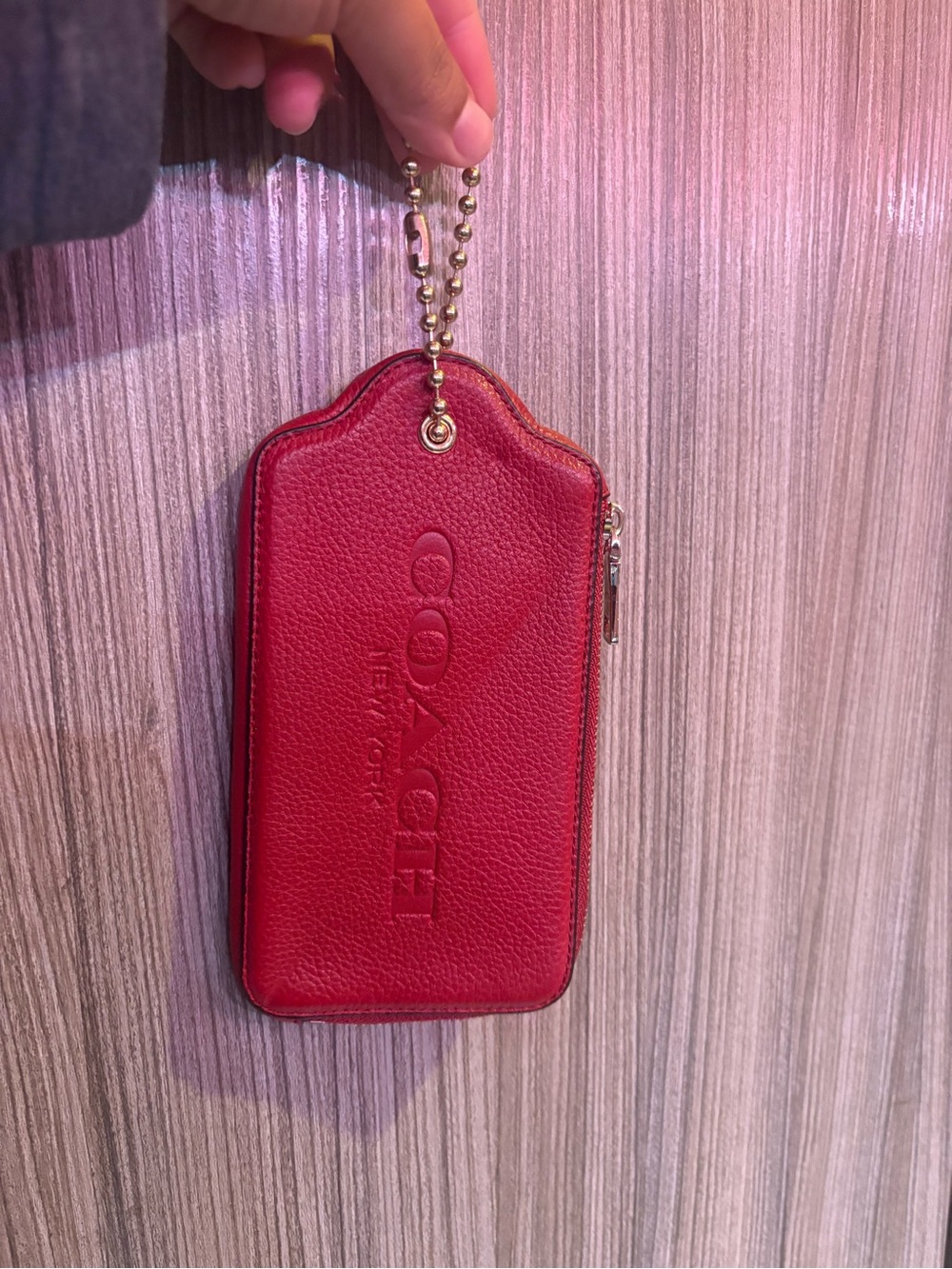 COACH Red Pebbled Leather Zip Card Pouch with Gold Chain